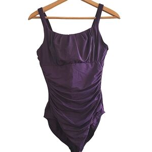 Lands' End Purple Ruched Swimsuit one piece with criss‎ cross back size 14